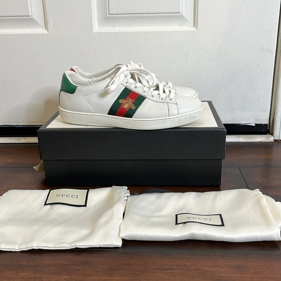 Gucci Ace Web Embroidered Bee Leather Sneakers size 37 Made in Italy Authentic - Picture 1 of 16